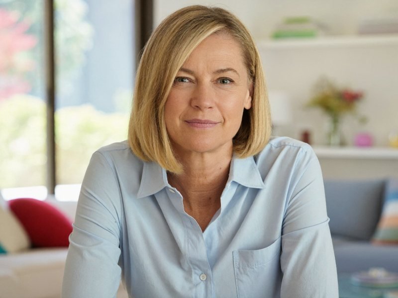 Bob hairstyles for fine hair: a woman with a blunt chin-length blonde bob and a side part