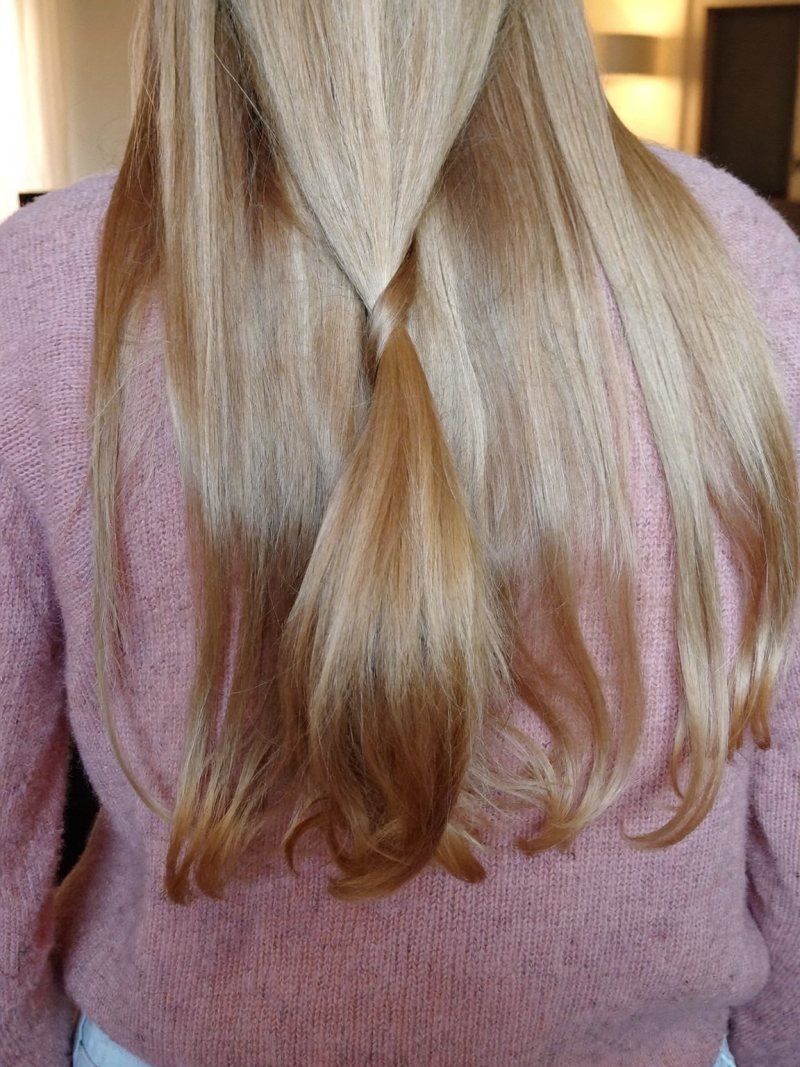Long blonde hair with two front sections twisted and pinned at the back