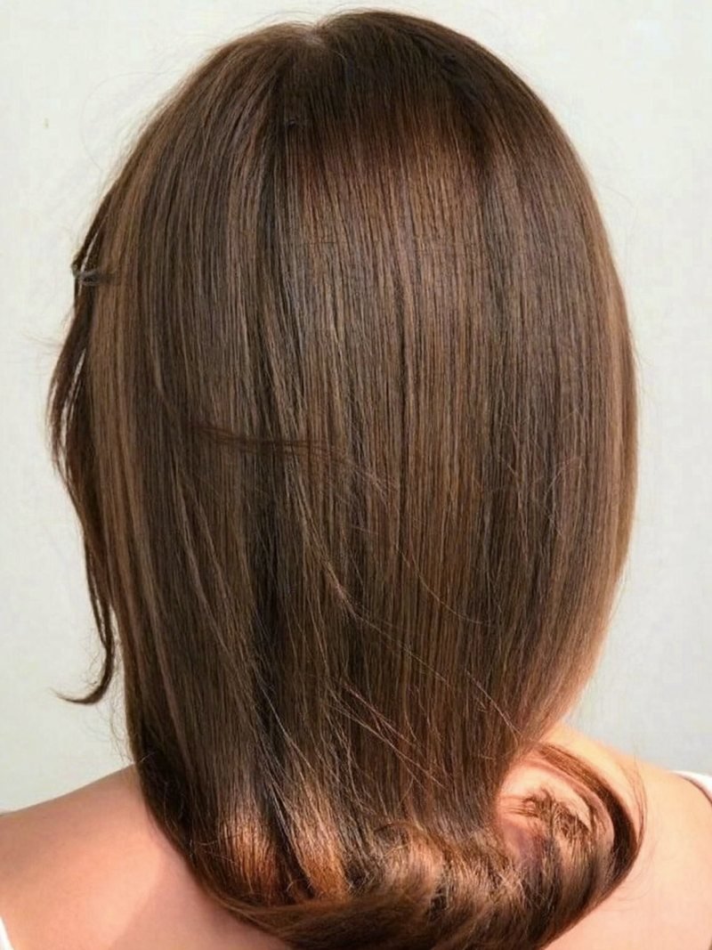 Long hair cut in a soft U shape seen from the back
