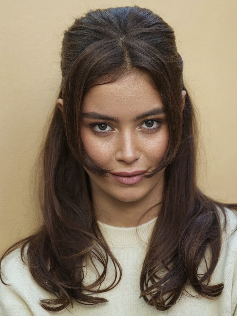 Long hair with face-framing layers from the cheekbones