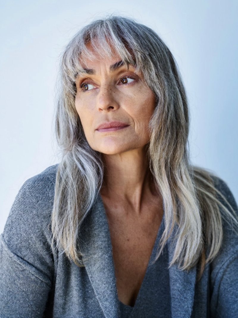 Long silver hair with long face-framing bangs that reach the jaw
