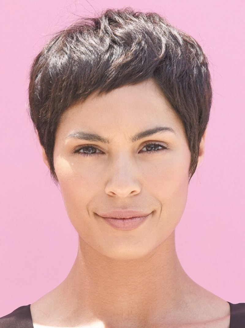 Pixie cut with a very short blunt fringe