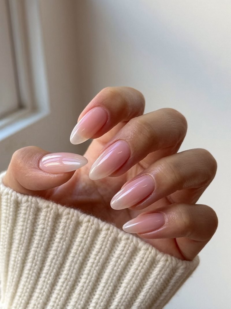 Short almond milky pink nails