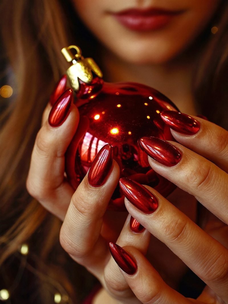 Short almond red chrome nails for the holidays