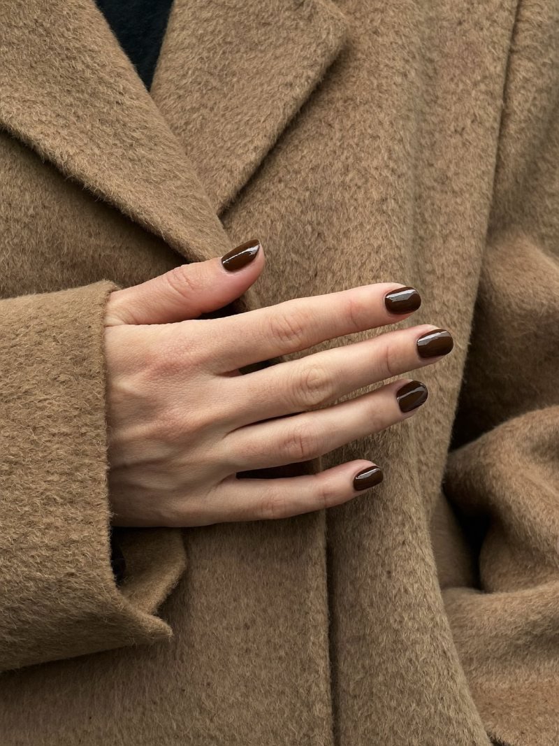 Short fall nails in glossy chocolate brown, round shape