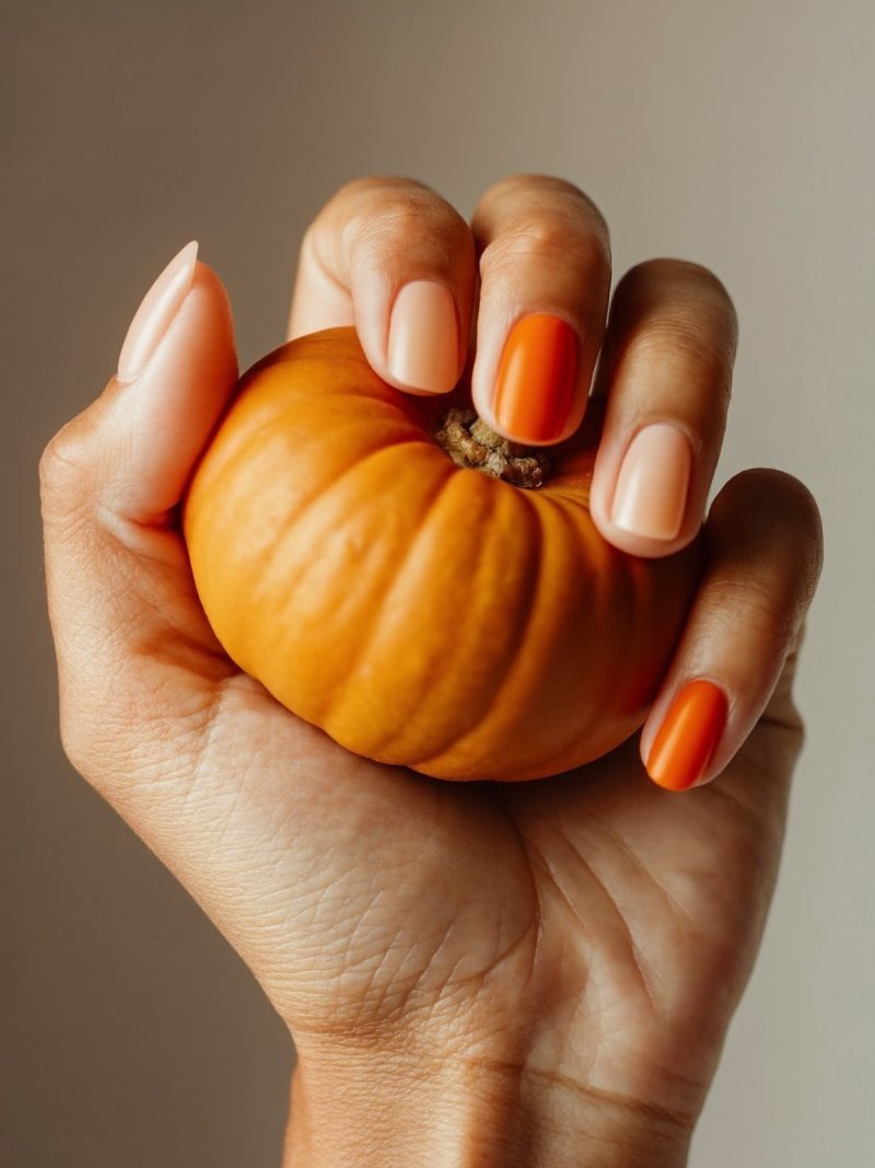 Short nude nails with one burnt orange accent nail