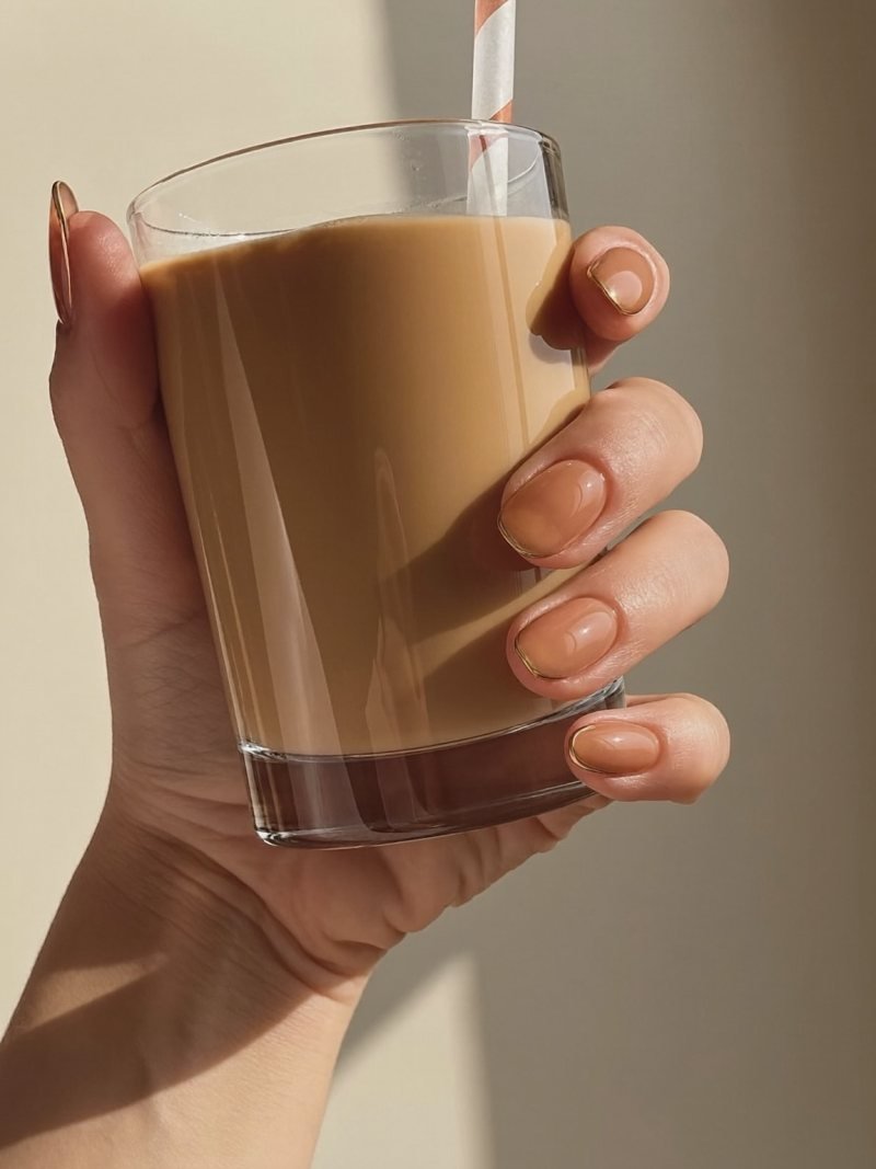 Short oval caramel nails with thin metallic gold French tips