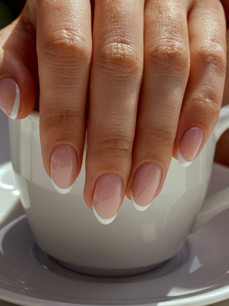 Short oval milky base nails with a soft white French tip