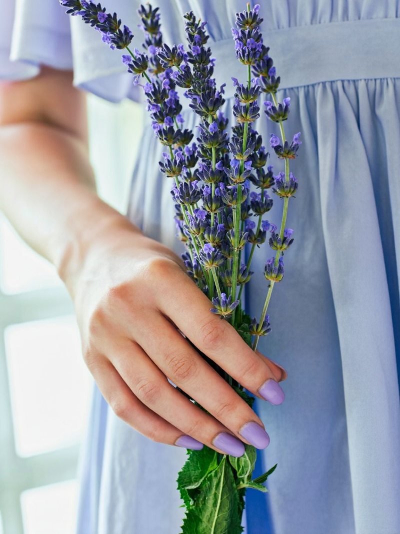 Short round lilac nails for a spring wedding guest