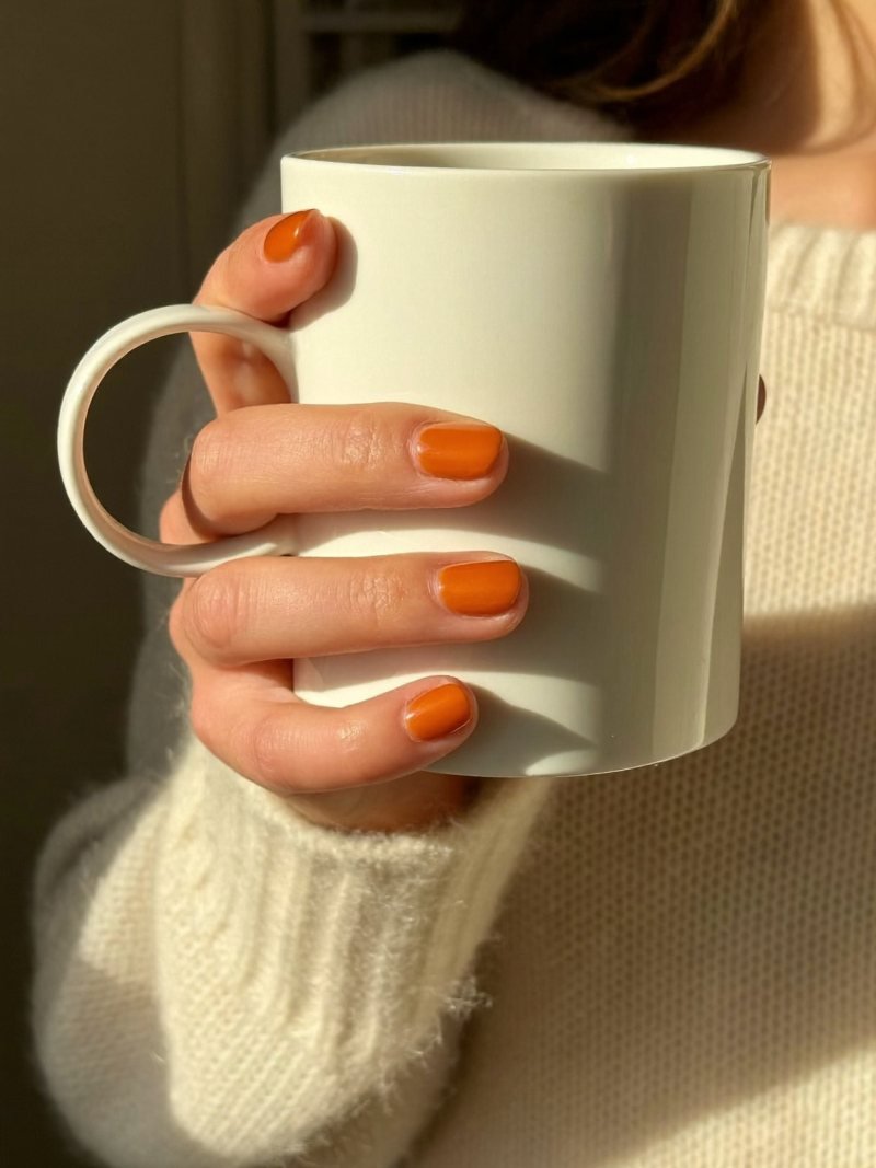 Short round nails in glossy burnt pumpkin orange for October