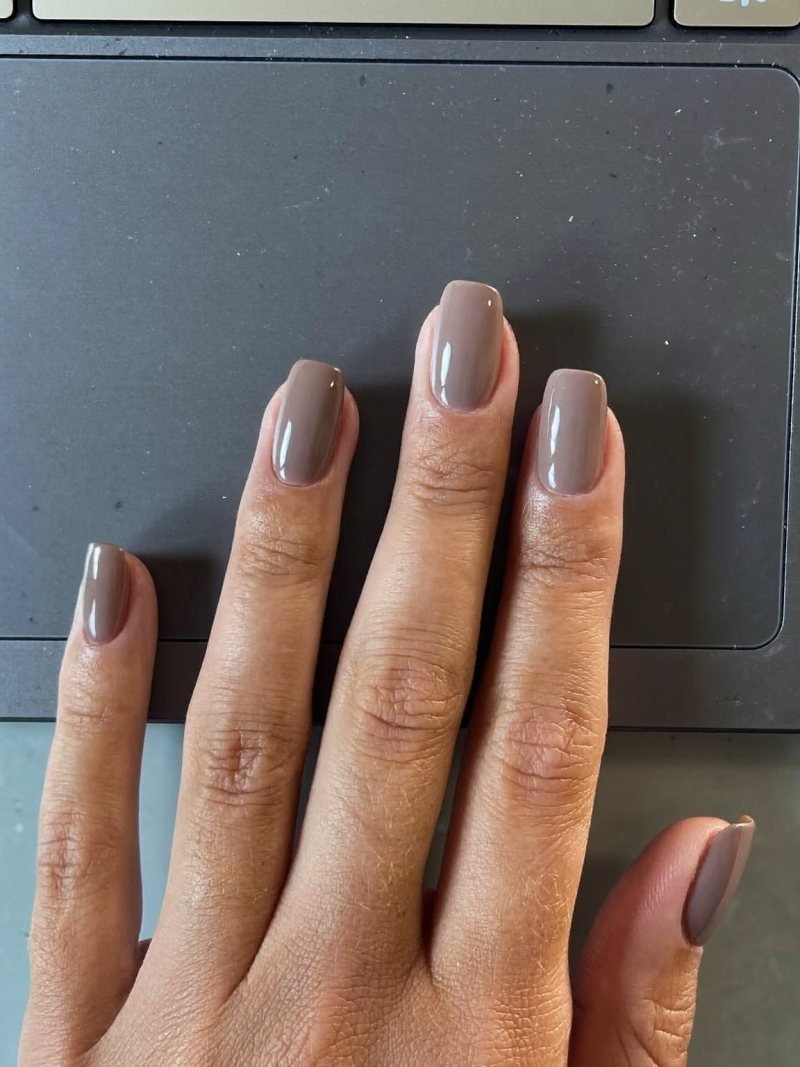 Short square gel nails in taupe grey-beige