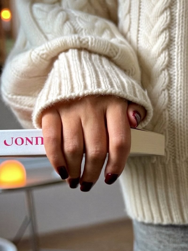Short square nails in deep burgundy wine polish