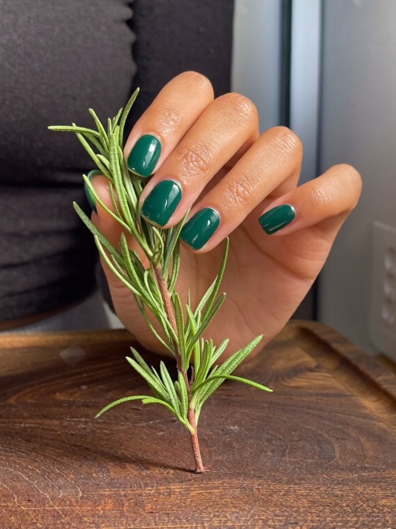 Short square nails in matte forest green
