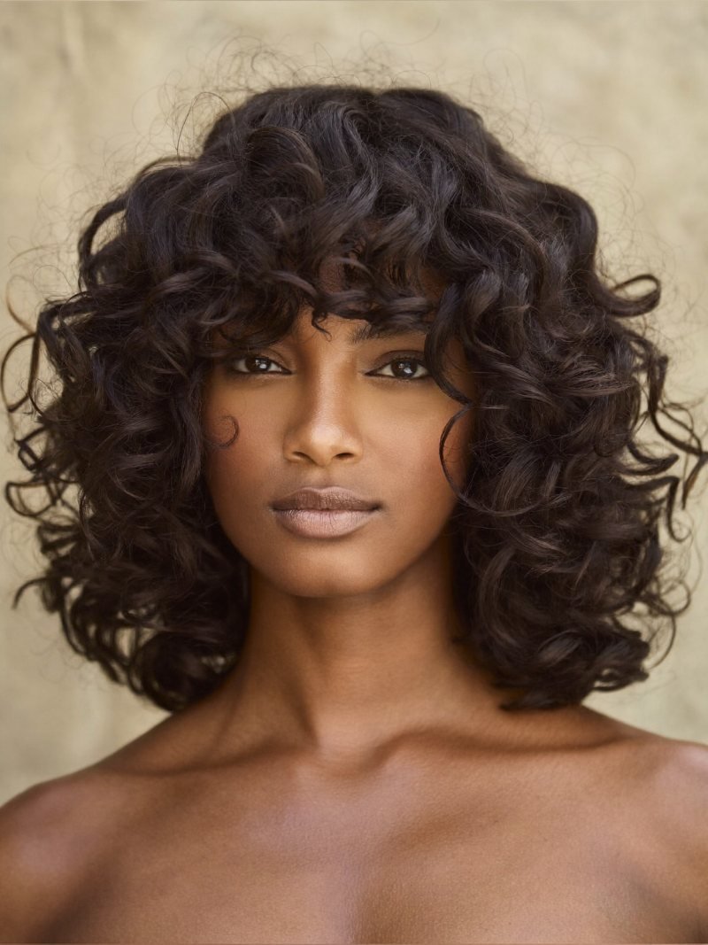 Shoulder length curly hair with shaped layers