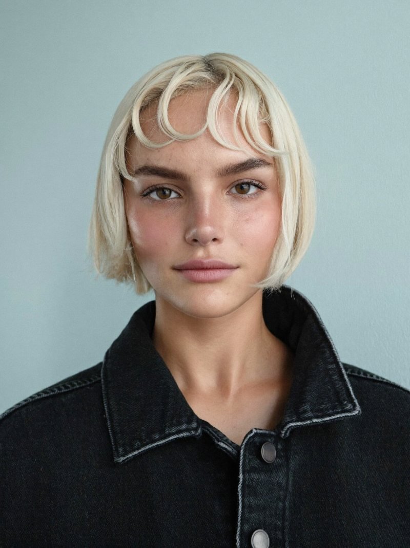 Very short platinum micro bob ending at the cheekbone with short bangs