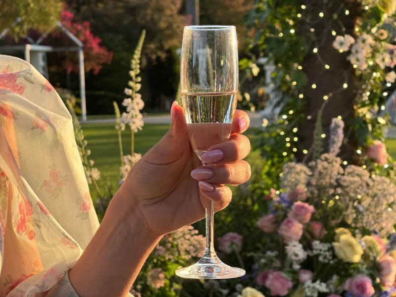 Wedding guest nails in soft pink holding a champagne glass
