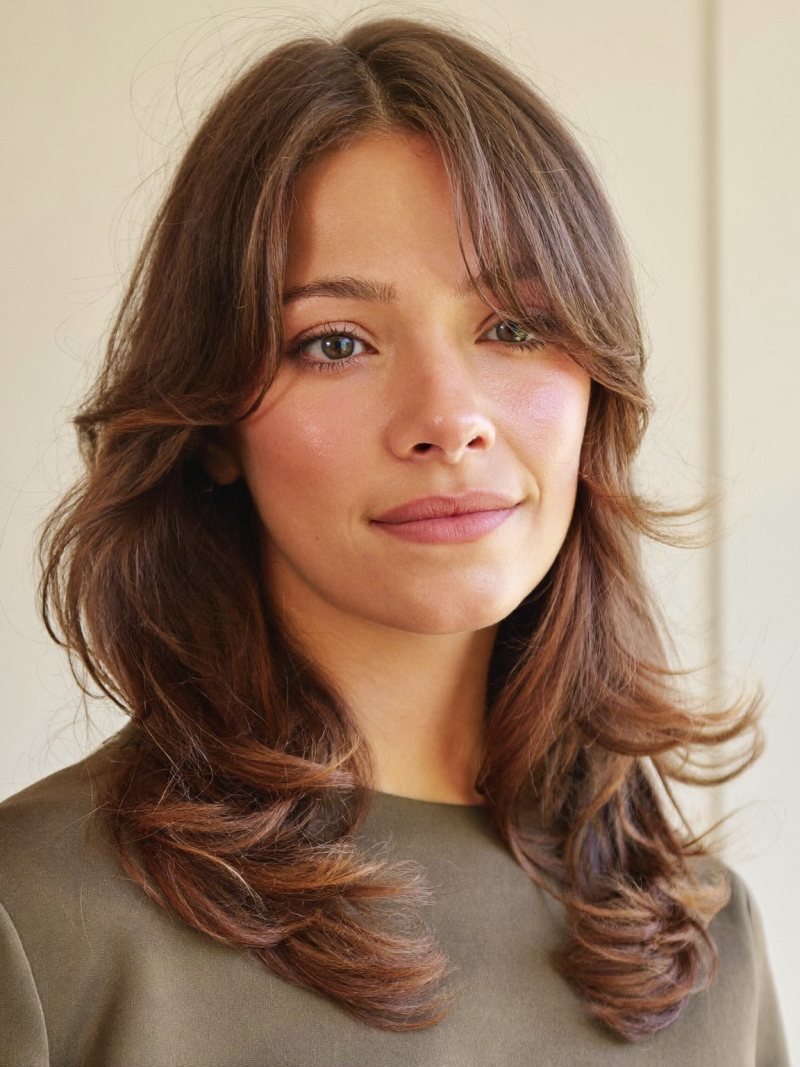 Woman with shoulder length layered brown hair with soft waves